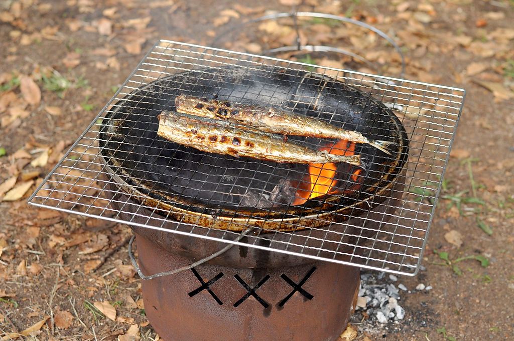 炭火のコンロで魚を焼いているところ